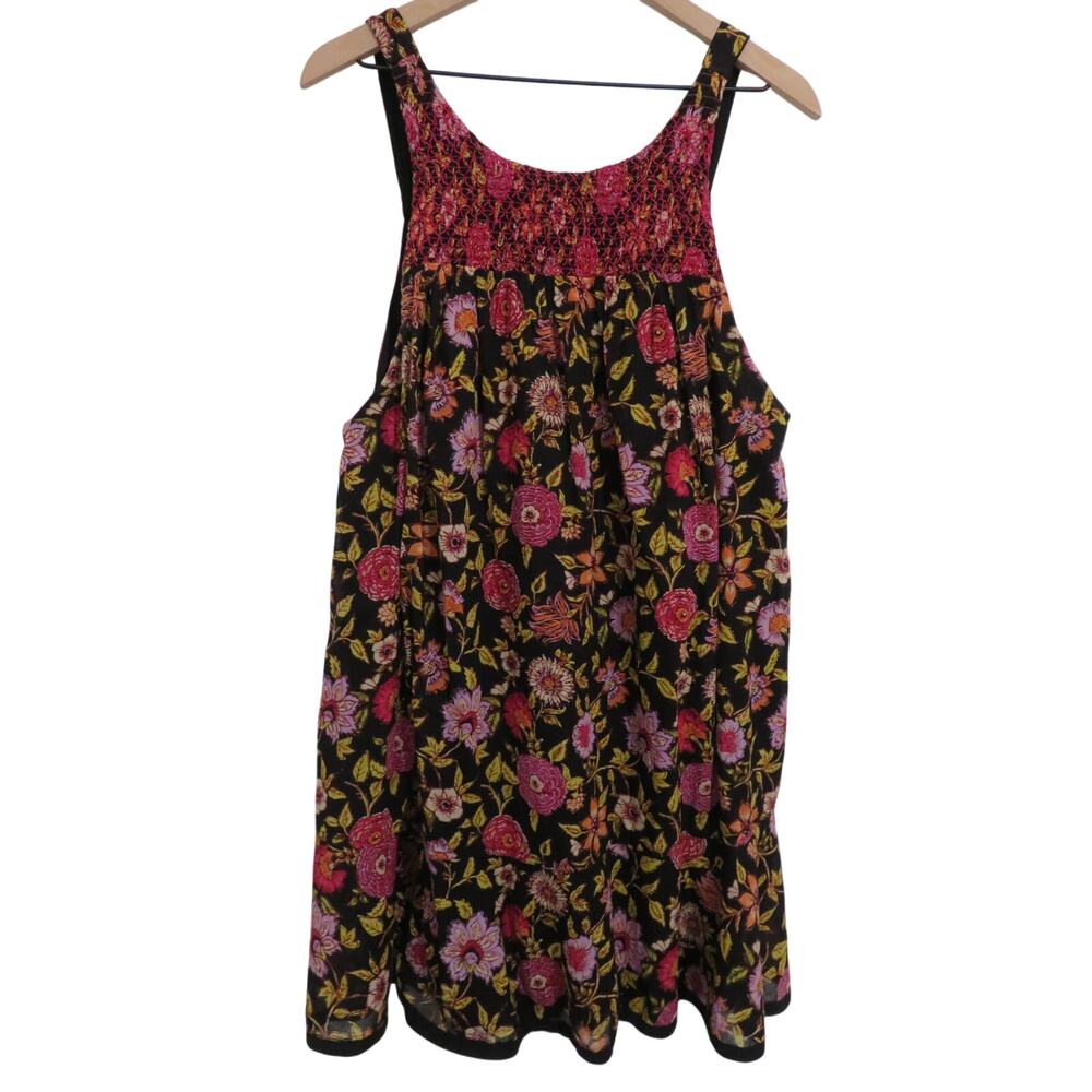 Free People Women Sz L Oh Baby Black Pink Floral Smocked Mini Dress Boho Indie